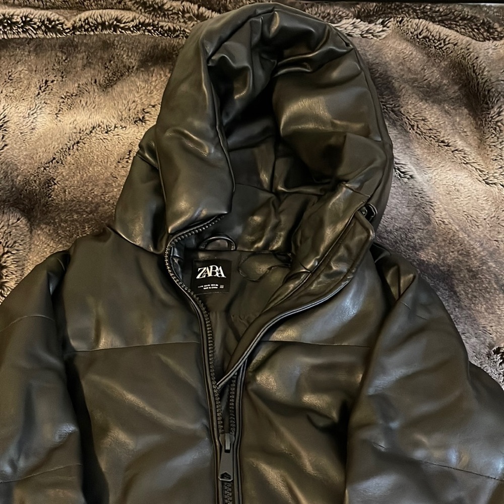 ZARA black puffer leather long jacket